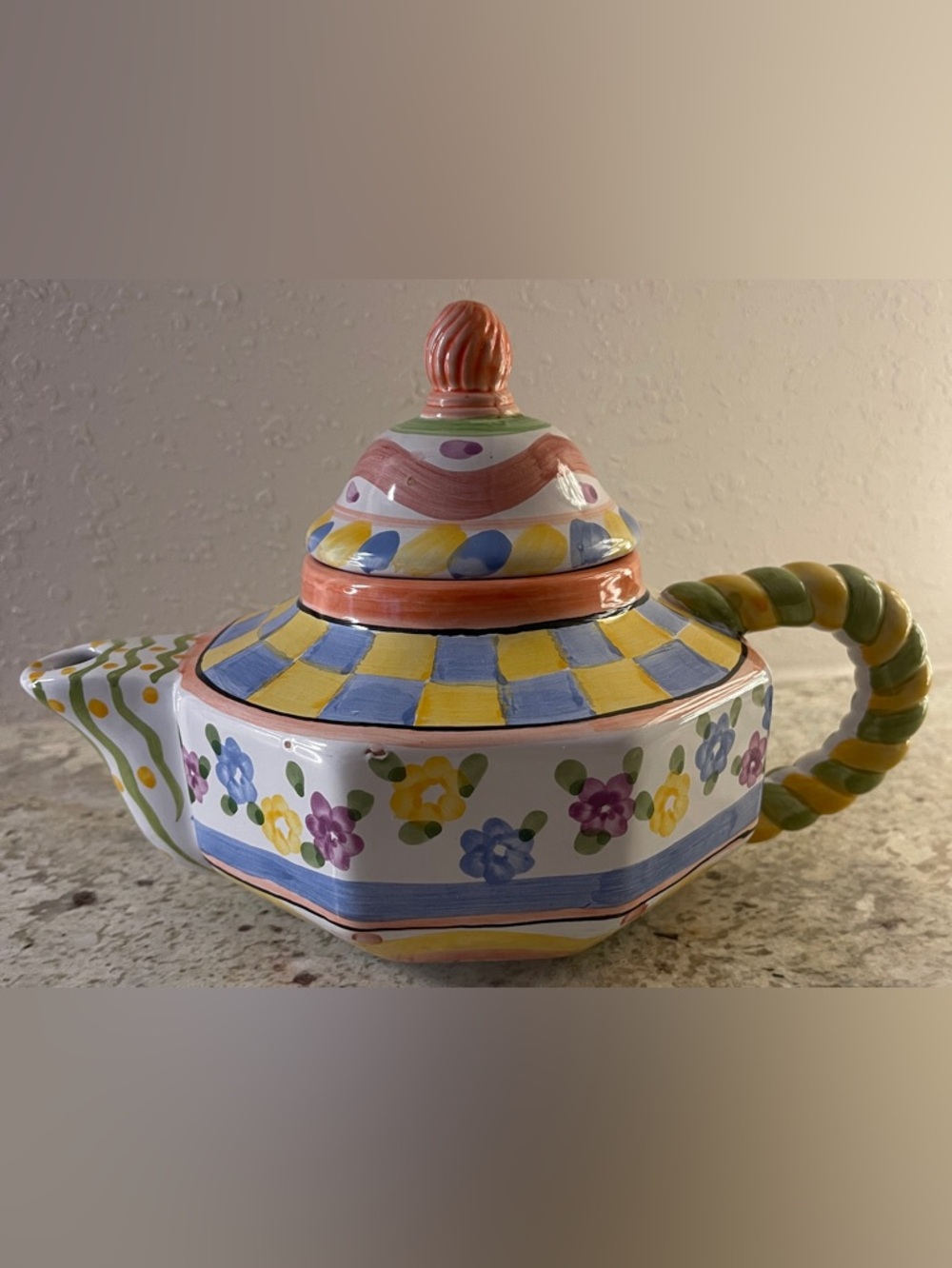Handpainted Terracotta Teapot Checkered with twisted handle 9”x5.5”